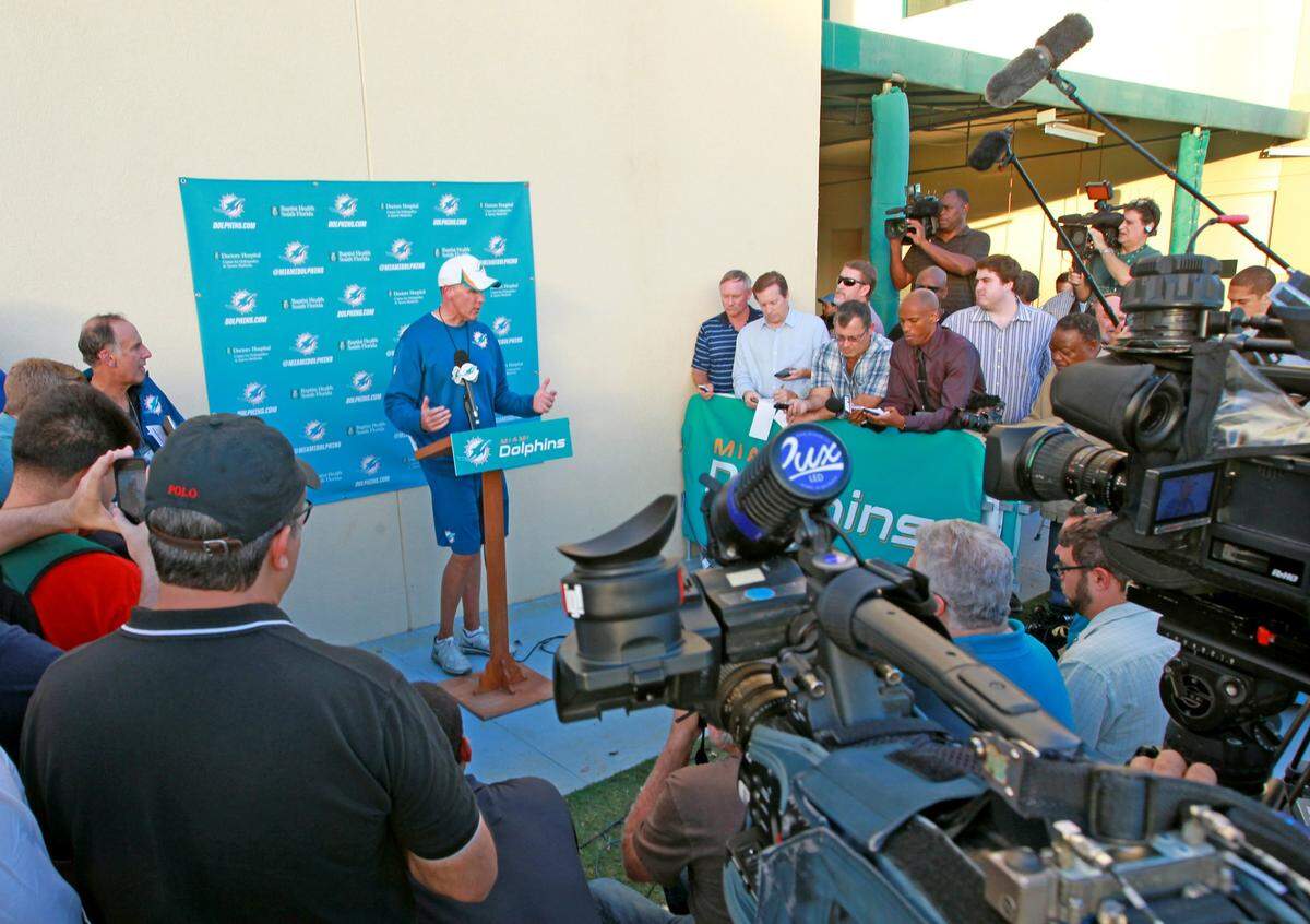 Miami Dolphins’s head coach Joe Philbin talks with the media about the bullying incident between players Jonathan Martin-Richie Incognito that has captured national attention at Dolphin camp in Davie, Fl, November 6, 2013.