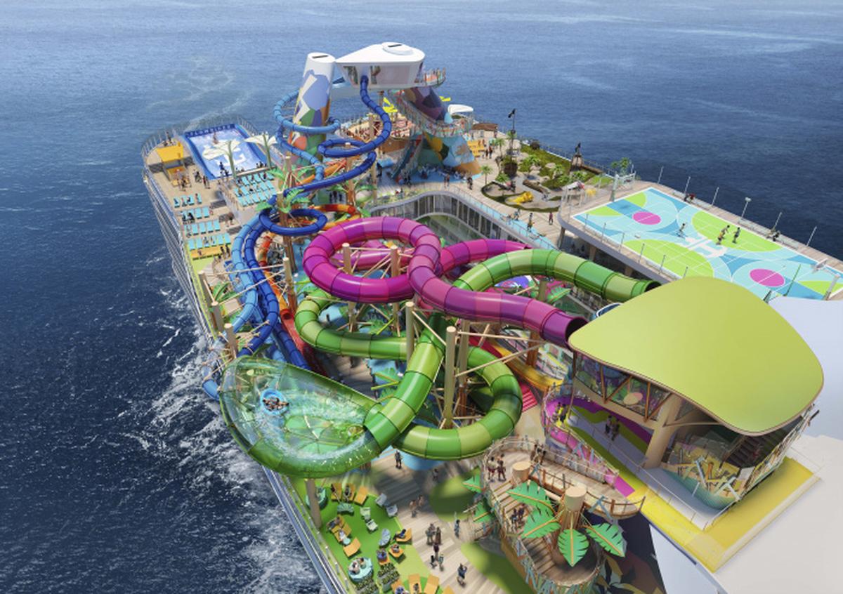Renderings for the water park on Royal Caribbean’s Icon of the Seas. The park’s six slides will be the largest water park at sea.
