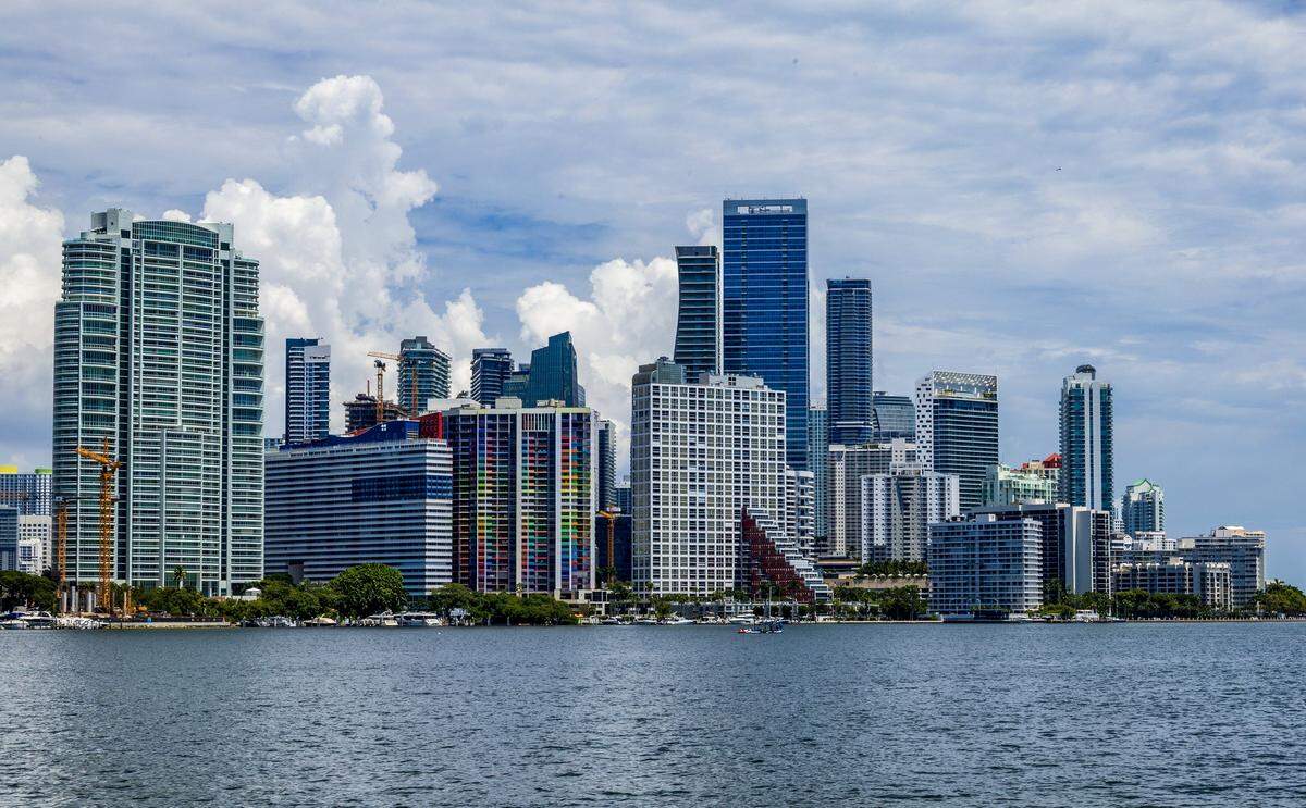 View of Miami skyline from the Rickenbacker Causeway, in Miami, on Wednesday, August 27, 2025.