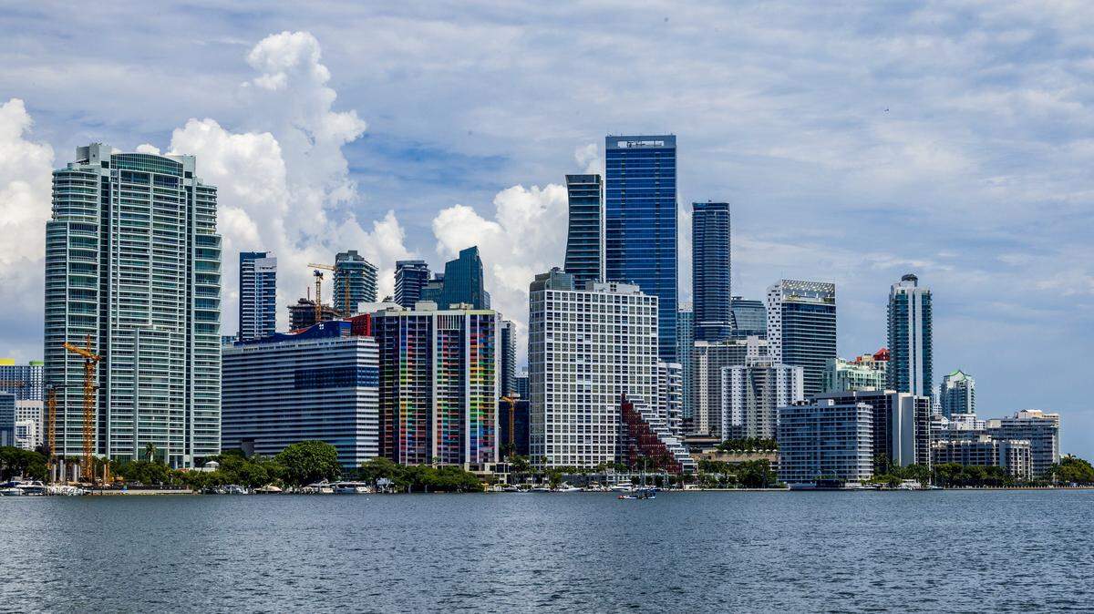 View of the Miami skyline from the Rickenbacker Causeway on Aug. 27, 2025.