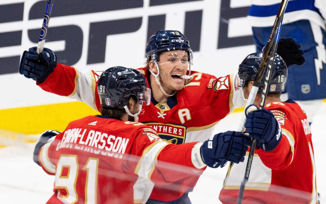 Florida Panthers left wing Matthew Tkachuk (19) celebrates a goal by Florida Panthers center Aleksander Barkov (16) during the third period of Game 5 of Round 1 of the Stanley Cup Playoffs on Monday, April 29, 2024, at Amerant Bank Arena in Sunrise, Fla. The Florida Panthers won 6-1 and won the series.