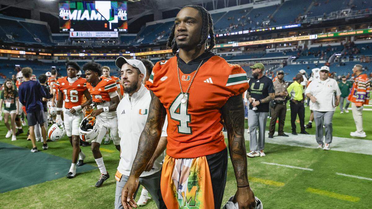 Miami Hurricanes running back Mark Fletcher Jr. (4) walks off the field after the Canes defeat Syracuse Orange of an NCAA football game at Hard Rock Stadium in Miami Gardens, Florida on Saturday, November 8, 2025.