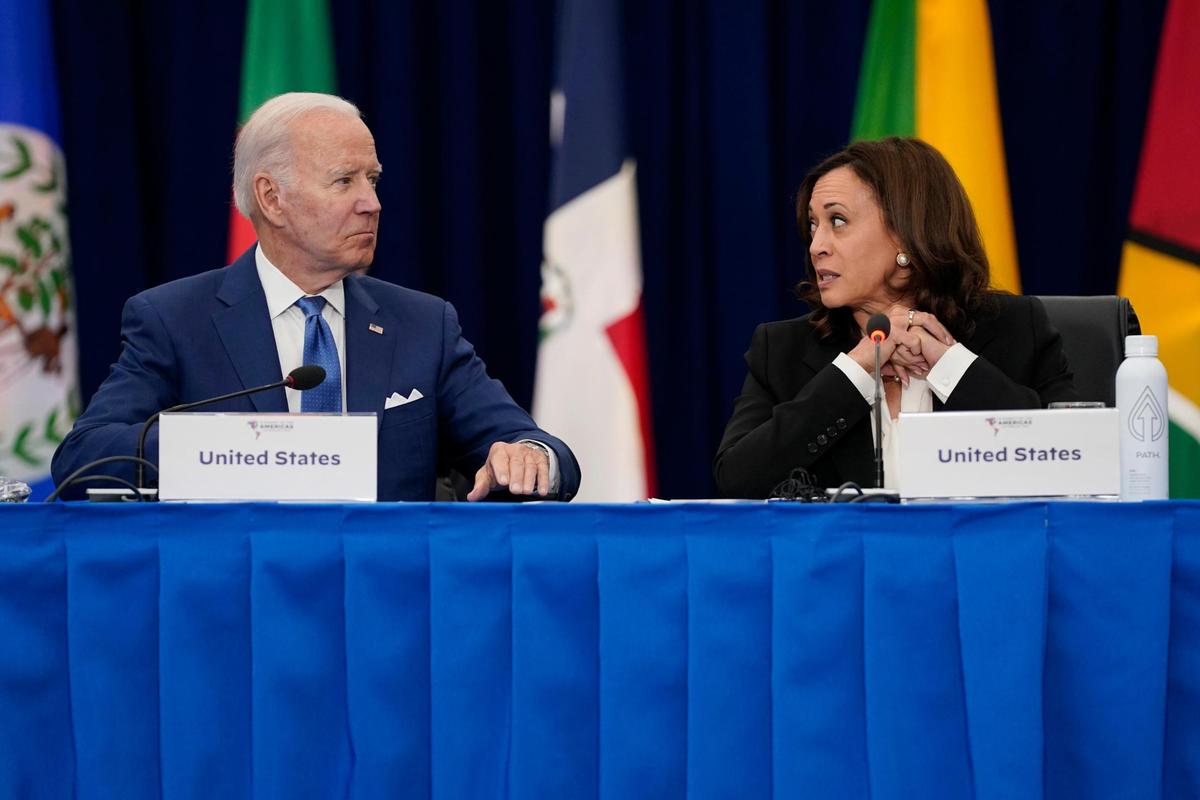 President Joe Biden, left, and Vice President Kamala Harris attend a meeting with leaders of Caribbean nations during the Summit of the Americas on Thursday, June 9, 2022, in Los Angeles.