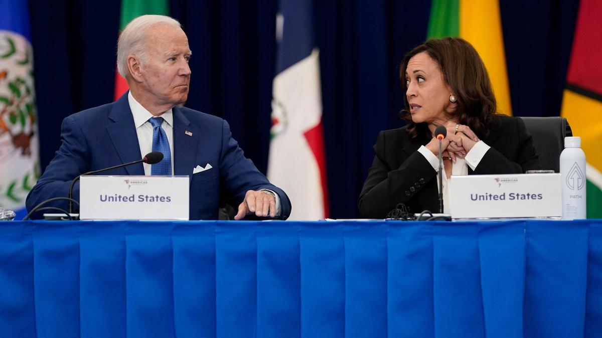 President Joe Biden, left, and Vice President Kamala Harris attend a meeting with leaders of Caribbean nations during the Summit of the Americas, Thursday, June 9, 2022, in Los Angeles.