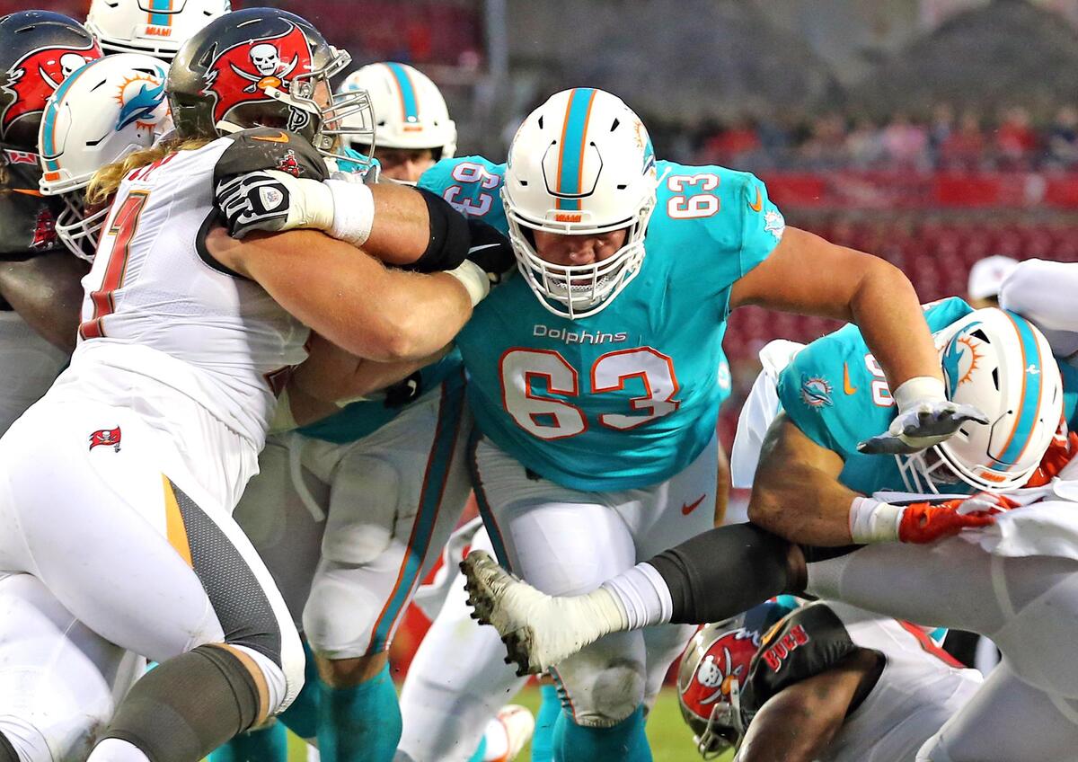 Miami Dolphins guard Michael Deiter (63) as they play the Tampa Bay Bucs at Raymond James Stadium in Tampa, Florida, Friday, August, 16, 2019.