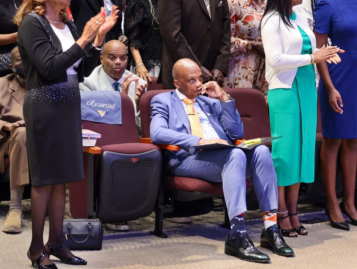 Miami-Dade Commissioner Oliver G. Gilbert, III, center, gathers his thoughts prior officially announcing his formal congressional run during a public announcement on Sunday, June 7, 2026, at Antioch Missionary Baptist Church in Miami Gardens, Florida.