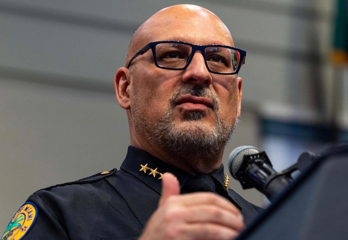 Miami Police Chief Manuel A. Morales speaks to the media during a press conference discussing mid-year crime stats on Thursday, July 17, 2025, in Miami.