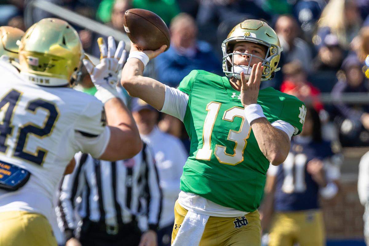 Apr 12, 2025; Notre Dame, IN, USA; Notre Dame Fighting Irish quarterback CJ Carr (13) throws a pass during the Blue-Gold game at Notre Dame Stadium.