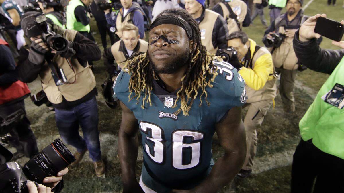 Philadelphia Eagles' Jay Ajayi reacts after advancing to the Super Bowl back in January.
