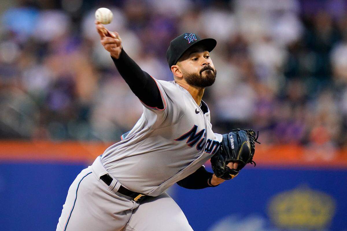 Miami Marlins’ Pablo Lopez pitches during the first inning of the team’s baseball game against the New York Mets on Friday, July 8, 2022, in New York. (AP Photo/Frank Franklin II)