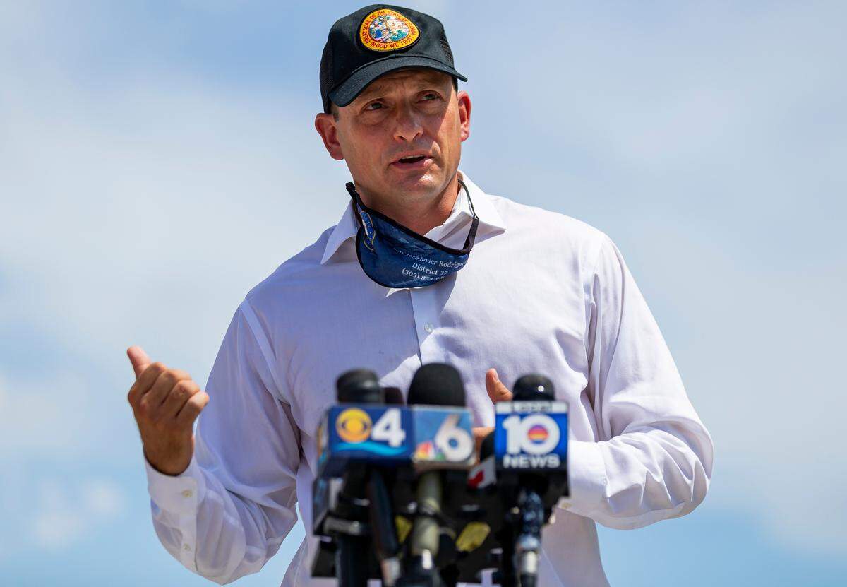 Democratic state Sen. Jose Javier Rodriguez speaks during a press conference at Morningside Park in Miami, Florida, on August 17, 2020, held in response to a fish kill that left thousands of dead fish scattered across Biscayne Bay due to low oxygen levels in the water.
