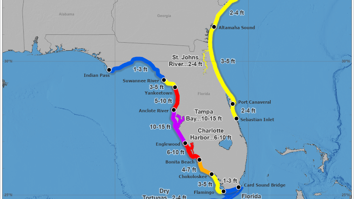 The National Hurricane Center’s peak storm surge forecast map released on Tuesday, Oct. 8, 2024, ahead of Hurricane Milton’s landfall somewhere along the state’s west coast.