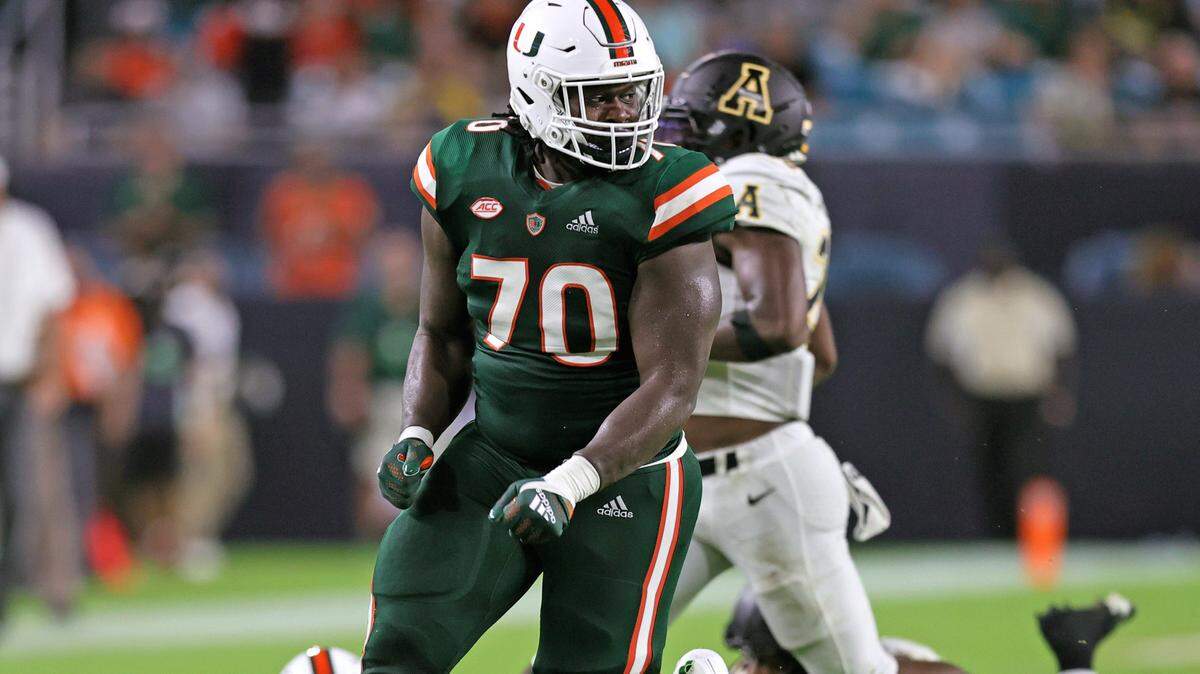 Miami Hurricanes offensive lineman Justice Oluwaseun (70) in action during the third quarter of their ACC football game against the Appalachian State Mountaineers at Hard Rock Stadium on Saturday, September 11, 2021 in Miami Gardens, Florida.
