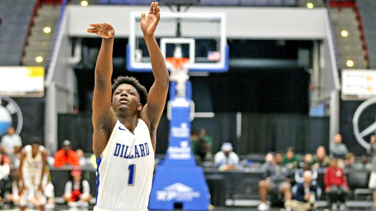 Dillard HS Deshawn Bartley (1) shoots the final foul shot in overtime to help secure a victory over Hillsborough HS in the 7A Boy’s Semi-Finals State Basketball Championships at the RP Funding Center in Lakeland, Florida, Friday, March, 8, 2019.