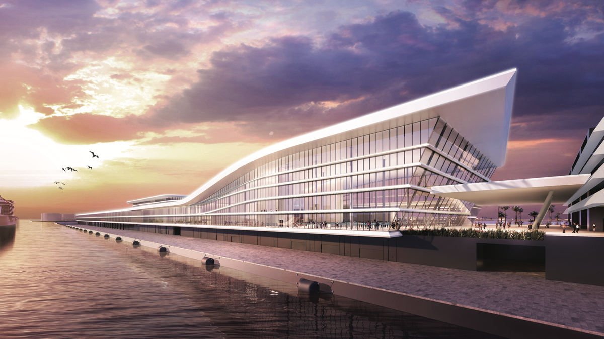 The exterior of MSC Cruise’s new terminal at PortMiami. Ground was broken Thursday for the terminal expected to be finished by the end of next year. It will have three berths for mega cruise ships and room to move up to 36,000 passengers a day.