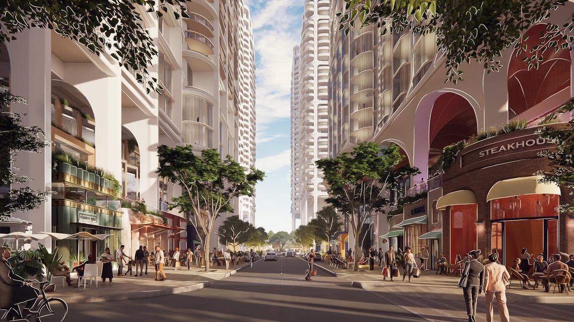 An artistic rendering street view of the proposed Sunset Place project.