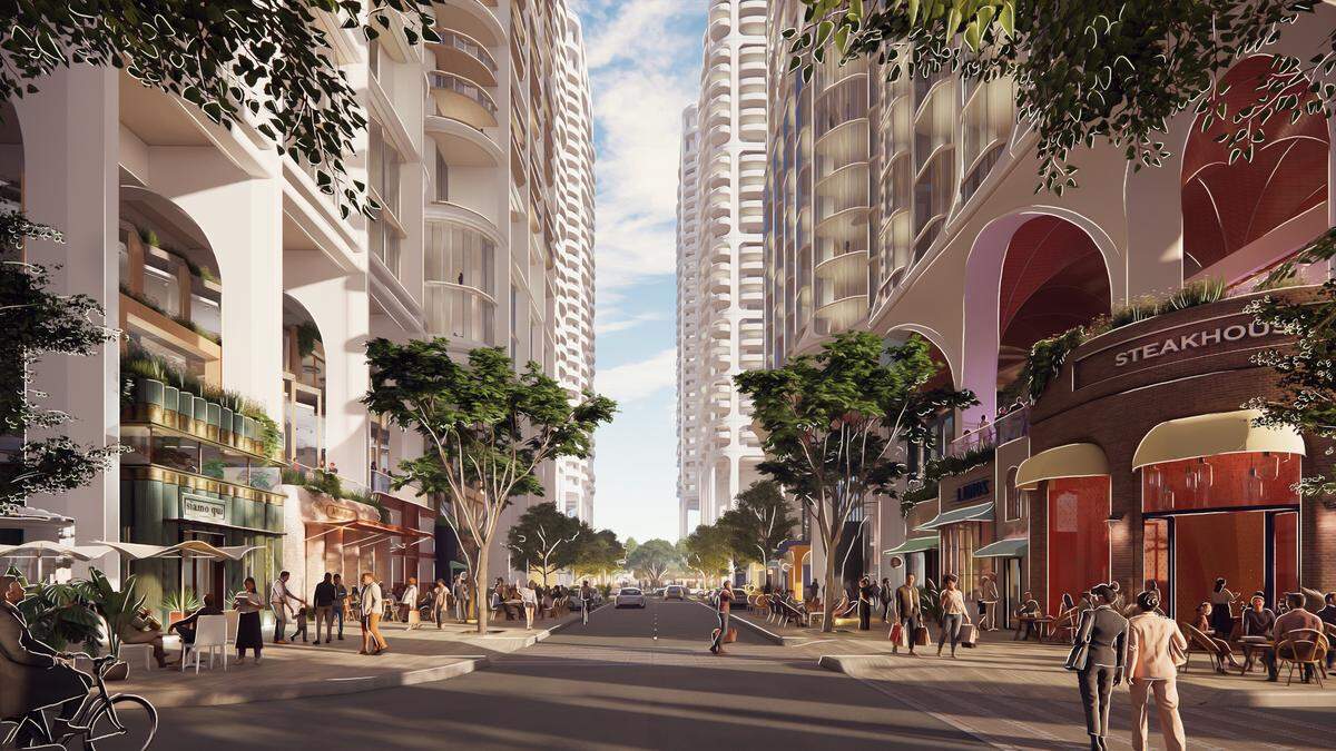 Una representación artística de la vista de la calle del proyecto propuesto Sunset Place.