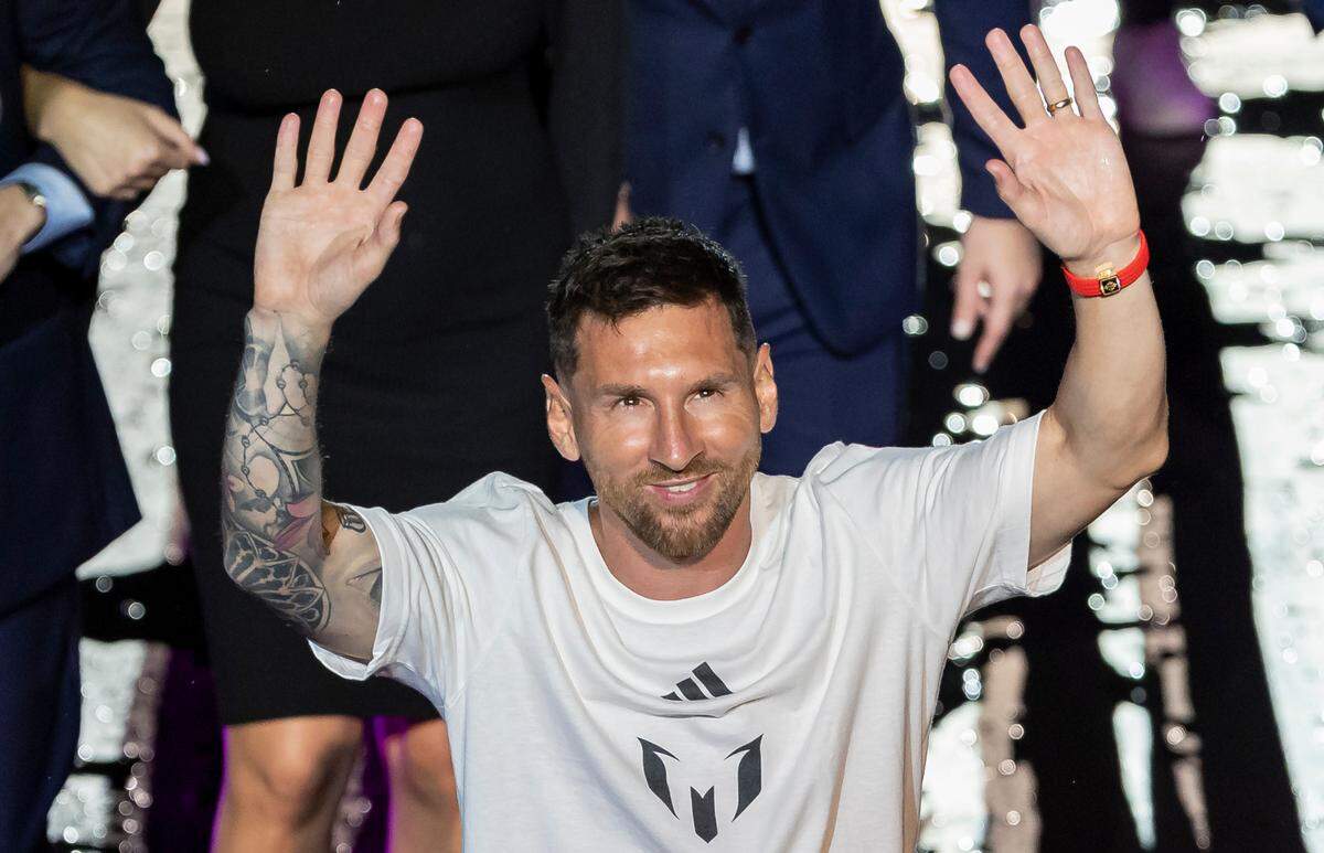 Lionel Messi reacts while walking off the stage after Inter Miami’s The Unveil event at DRV PNK Stadium on Sunday, July 16, 2023, in Fort Lauderdale, Fla. Messi makes his debut on the field Friday night.