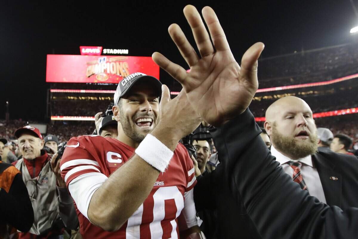 San Francisco 49ers quarterback Jimmy Garoppolo celebrates after their win against the Green Bay Packers in the NFL NFC Championship football game Sunday, Jan. 19, 2020, in Santa Clara, Calif. The 49ers won 37-20 to advance to Super Bowl 54 against the Kansas City Chiefs. (AP Photo/Marcio Jose Sanchez)