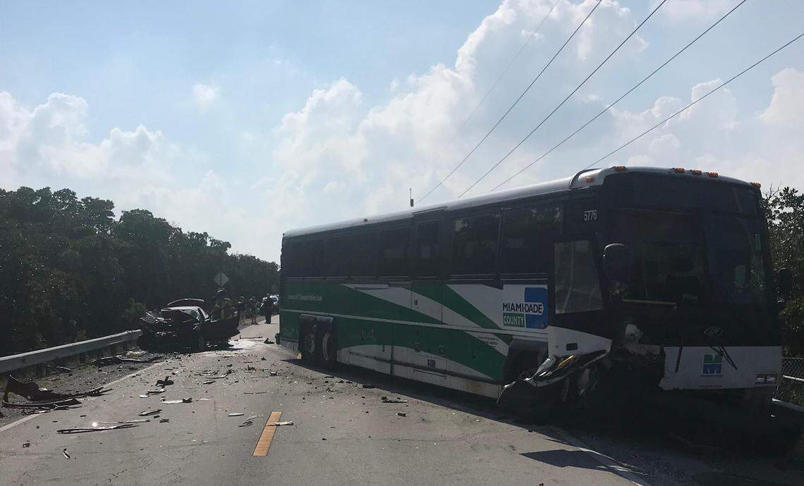 A Miami-Dade transit bus and a vehicle crashed on the Monroe County side of Card Sound Road Monday, May 13, 2019, near Alabama Jack’s, the popular roadside bar. One person died in the crash.