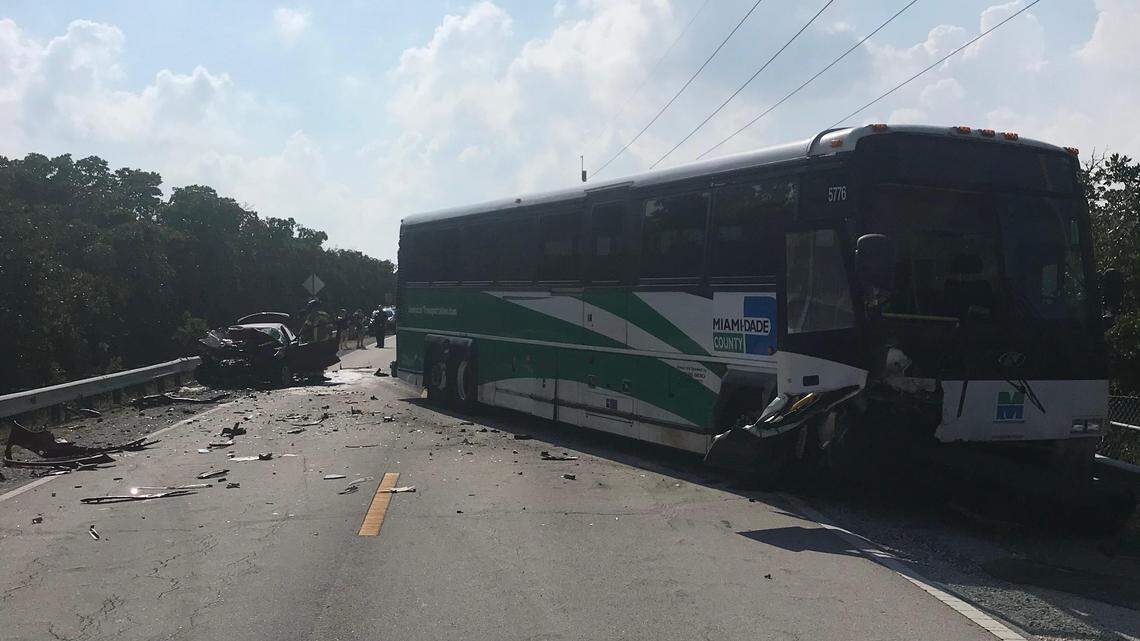 A Miami-Dade Transit bus and a vehicle sit crashed on the Monroe County side of Card Sound Road Monday, May 13, 2019, near Alabama Jack’s, the popular roadside bar. One person died in the crash.