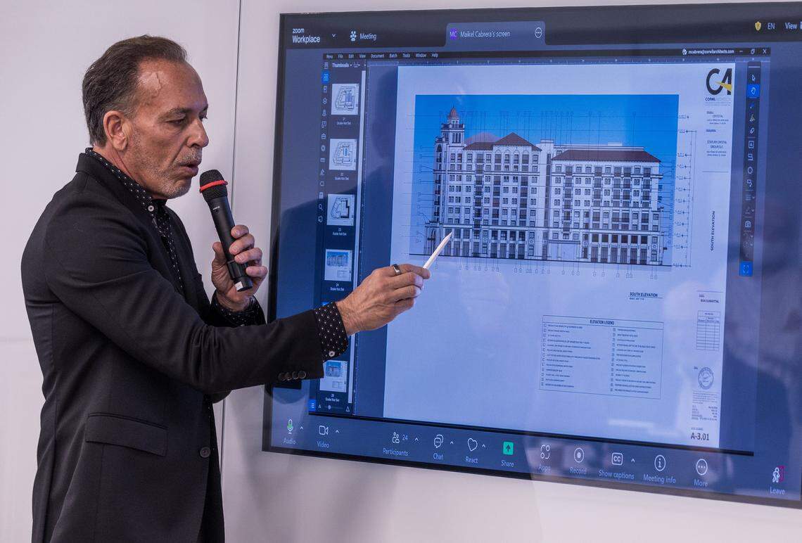 Architect Albert Cordoves representing developers, explains design changes done  during a Board of Architects meeting at City Hall, to discuss items related to the site located 110 Phonetia Avenue, in the Douglas Section of the City, positioned along East Ponce de Leon Boulevard, bound by Phoenetia Avenue on the North, Antilla Avenue on the South and Galiano Street on the East, in Coral Gables, home of the St. James Evangelical Lutheran Church of Coral Gables and the Crystal Academy, bought by the Century Homebuilders Group in 2021 with plans to develop a project called Crystal, a 9-story mixed-use building,  on Thursday, August 07, 2025.