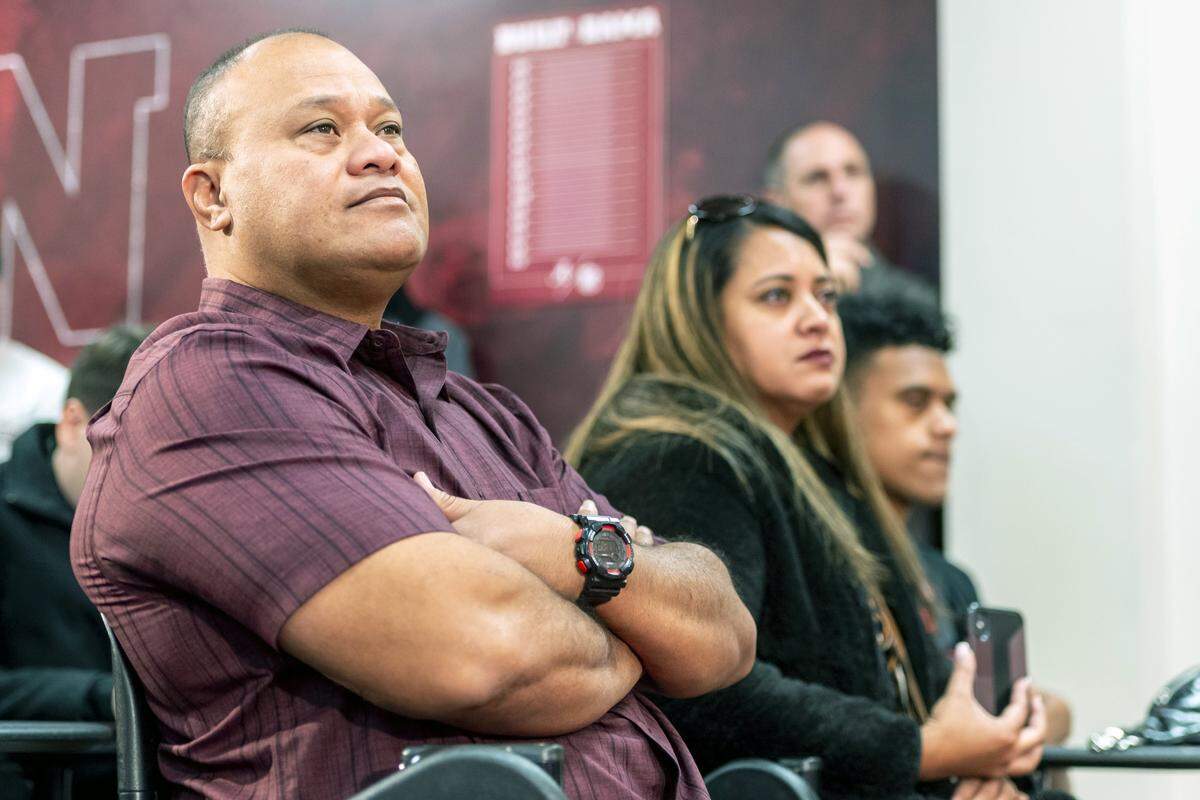 Galu and Diane Tagovailoa watch as their son, Alabama quarterback Tua Tagovailoa, announces his intentions to declare for the 2020 NFL football draft, Monday, Jan. 6, 2020, in Tuscaloosa, Ala. (AP Photo/Vasha Hunt)