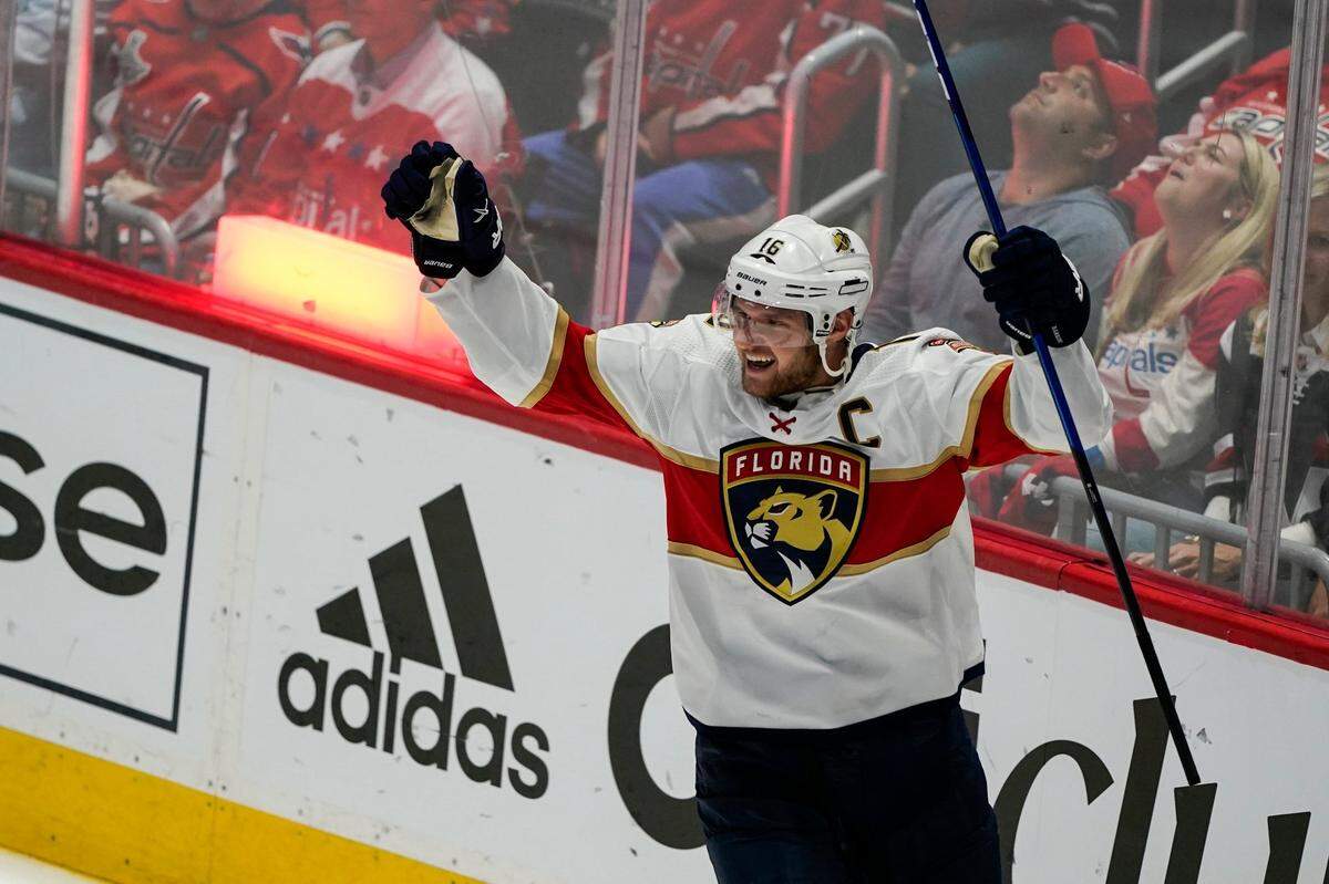 Florida Panthers center Aleksander Barkov (16) celebrates his goal during the third period of Game 6 in the first round of the NHL Stanley Cup hockey playoffs against the Washington Capitals, Friday, May 13, 2022, in Washington. (AP Photo/Alex Brandon)