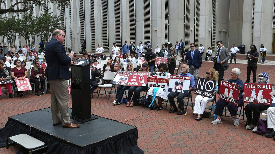 Pastor Kevin Baird speaks to a crowd protesting gambling at the Florida Capitol on Tuesday in Tallahassee.