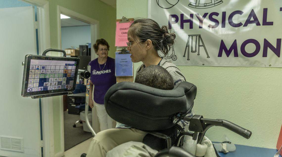 Kaila Wong, a speech therapist pathologist treats one of the many baby patients attending the non-profit organization that offers families of seriously ill children daily care 12 hours a day, 5 days a week, from birth to 21 years old, regardless of ability to pay or insurance coverage, in Florida City, on October, 08 2025.
