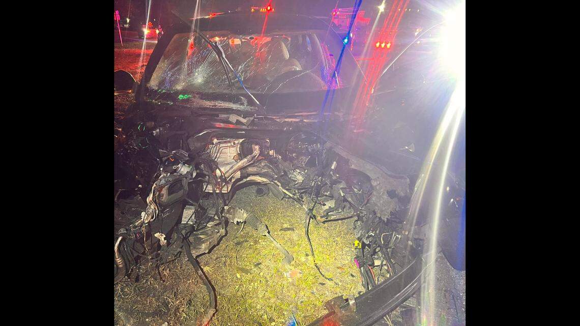 A heavily damaged vehicle was found without its engine at the scene of a mysterious crash in Florida, according to the Martin County Sheriff’s Office.