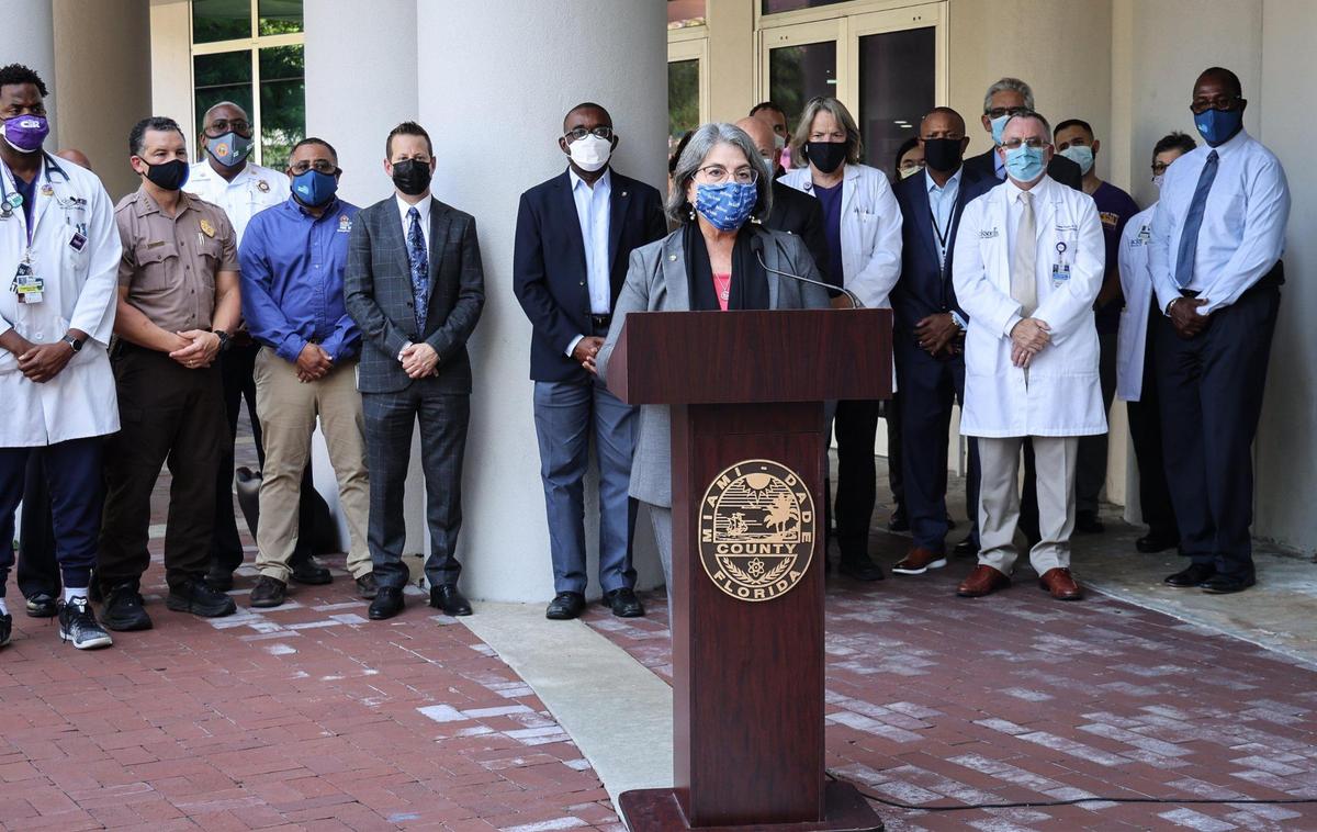 Miami-Dade Mayor Daniella Levine Cava announces COVID-19 testing of county employees amid a spike in hospitalizations and cases on Thursday, Aug. 5, 2021, at Jackson Health System’s Ryder Trauma Center.