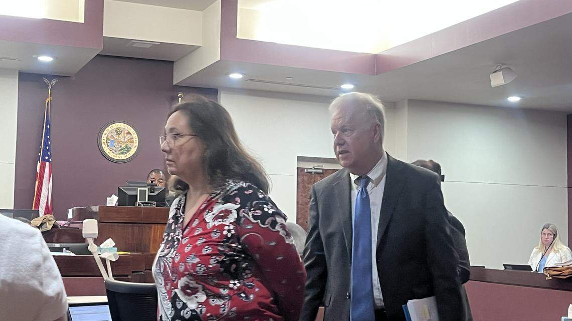 Patricia Duarte leaves Leon County court on Monday, April 27, 2026, after pleading guilty to a first-degree felony in the state’s case alleging she helped bilk millions of dollars from a publicly funded Florida domestic violence coalition.