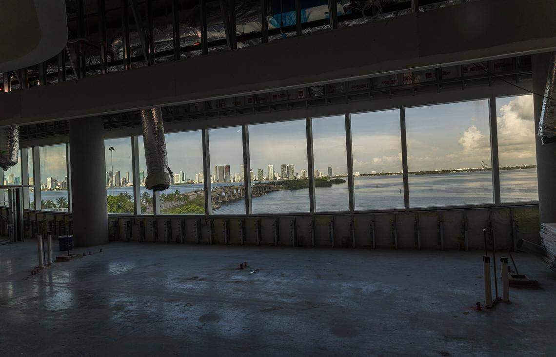 View of the Miami skyline from the windows of the treatment infusion area inside of the Irma and Norman Braman Comprehensive Cancer Center, building that is under construction, at the Mount Sinai's, Miami Beach Campus, in Miami, on Friday August 29, 2025.
