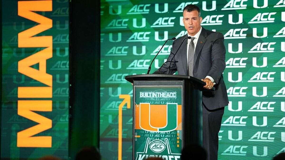 CHARLOTTE, NORTH CAROLINA - JULY 15: Head coach Mario Cristobal of the Miami (FL) Hurricanes speaks during the ACC Kickoff media days at Hilton Charlotte Uptown on July 15, 2026 in Charlotte, North Carolina. (Photo by Matt Kelley/Getty Images)