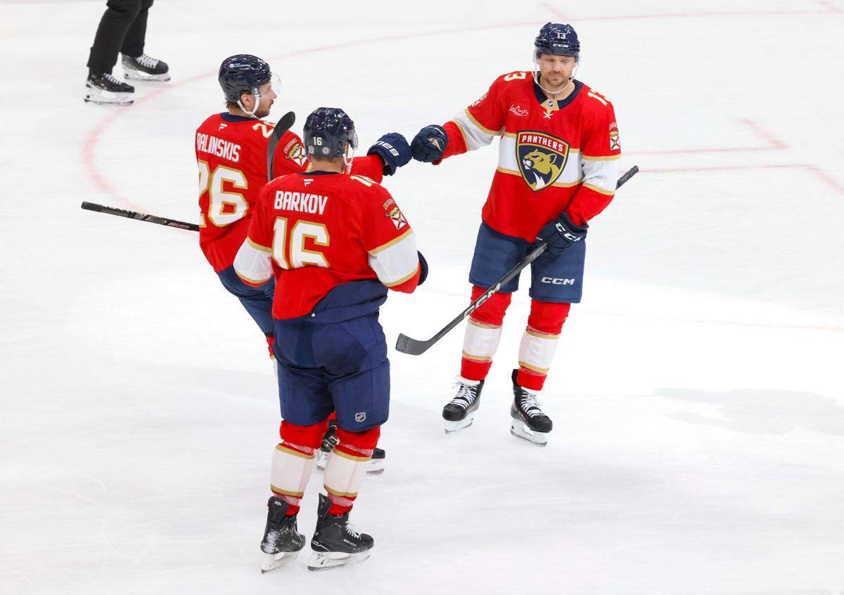 Florida Panthers center Sam Reinhart (13) celebrates his goal with an assist by defenseman Uvis Balinskis (26) during the second period of a game on Tuesday, Nov. 12, 2024, at Amerant Bank Arena in Sunrise, Fla.