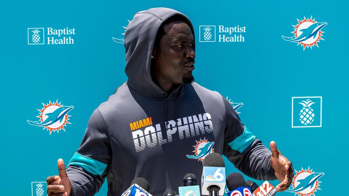 Miami Dolphins linebacker Melvin Ingram lll speaks to the media after the first mandatory practice of the season at Baptist Health Training Complex in Miami Gardens, Florida, on Wednesday, June 1, 2022.