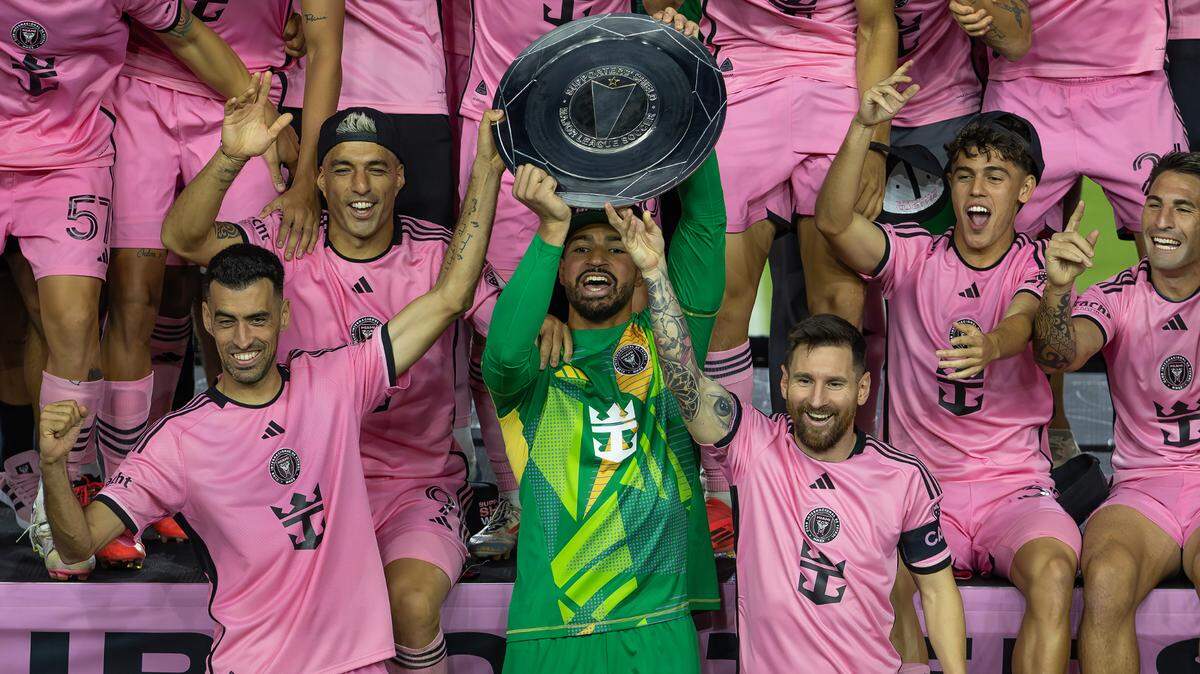 Inter Miami forward Lionel Messi (10) celebrates with his teammates Sergio Busquets (5) Luis Suárez (9) and Drake Callender (1) after winning the MLS Supporters’ Shield. The team has a busy 2025 preseason with games in Las Vegas, Peru, Panama, Honduras and Tampa.