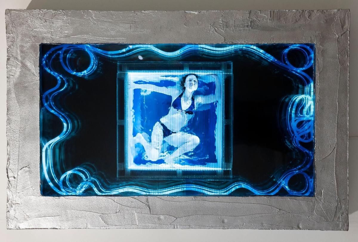 Marck’s “Living in a deep neon square” is on display during a VIP preview at Art Miami 2023 on Tuesday, Dec. 5, 2023, in downtown Miami, Fla.