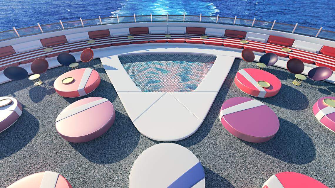 The Scarlet Lady’s Athletic Club will have a 220-square-foot area of triple netting like on a catamaran where passengers can gaze into the ocean below.