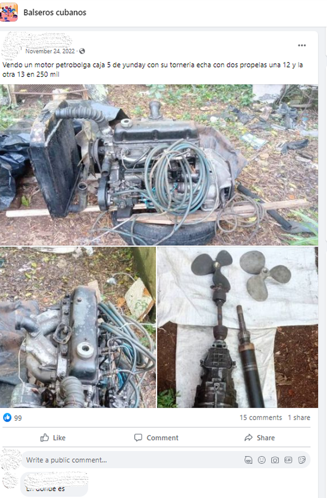 One Facebook user sells a motor and propellers on a Facebook group where Cubans buy and sell boat parts to build boats to migrate to the United States.