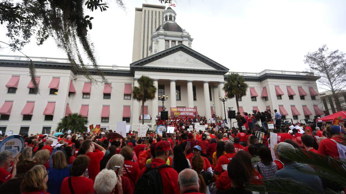 Thousands of public school teachers and their supporters fill the lawn in front of Florida’s Old Capitol on Monday, Jan. 13, 2020. The rally, called “Take On Tallahassee,” was organized by the Florida Education Association in a call for improved support from Florida lawmakers of public education.