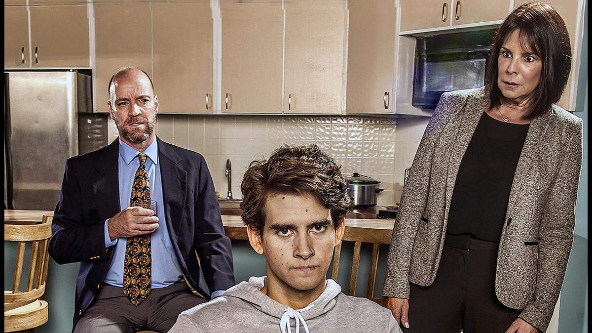 Tom Wahl and Erika Scotti play the parents of Joshua Hernandez as a prep school student trying to get into Yale in GableStage’s “Admissions.”