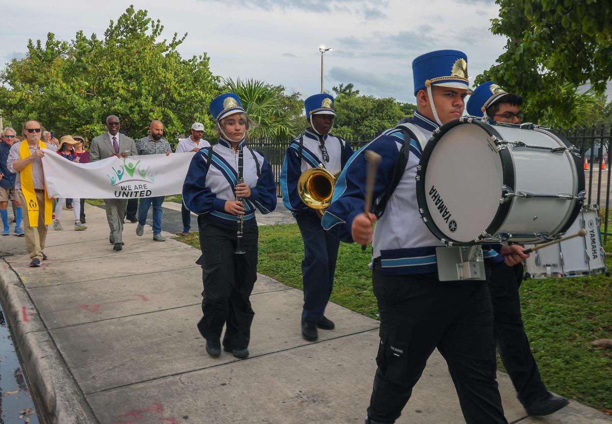 Members of the Richmond Heights Middle School marching band participate in the March Against Hate in Miami on Nov. 5, 2023.
