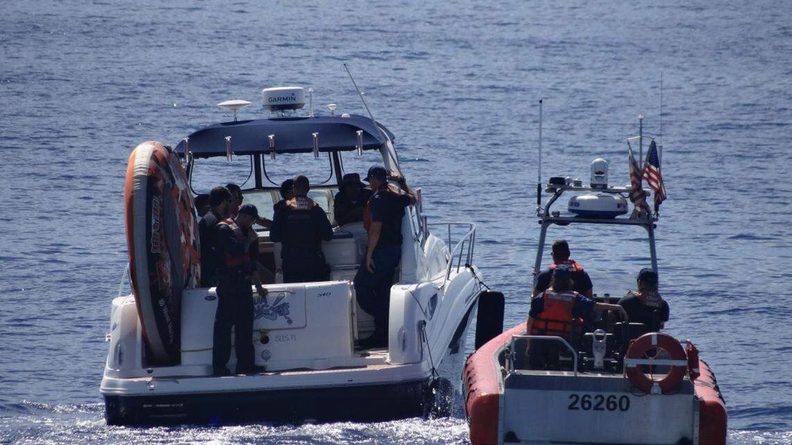 A U.S. Coast Guard crew stopped a 37-foot pleasure boat named Bada Bing July 30, 2019, 30 miles east of Hollywood. The agency says there were three Brazilian migrants, one Jamaican migrant and two suspected smugglers aboard.