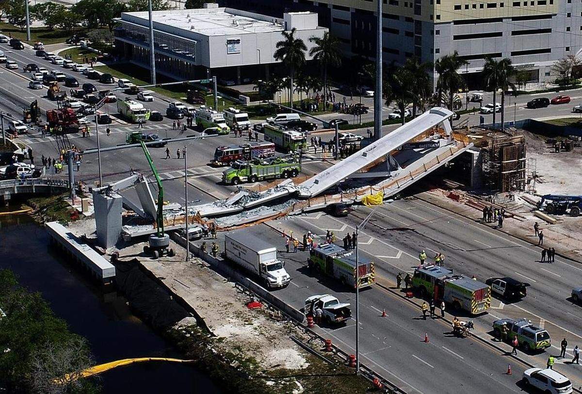 The under-contruction FIU-Sweetwater UniversityCity Bridge was reduced to rubble when it collapsed in a 950-ton heap on March 15, 2018. One worker was killed and five others injured. Five motorists also died when they were crushed under the debris.