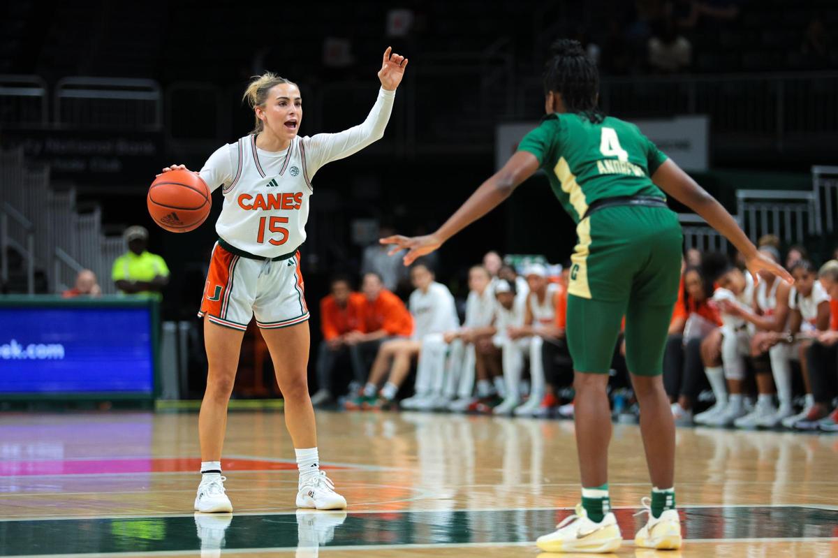 Miami Hurricanes guard Hanna Cavinder (15) calls for a play as Charlotte 49ers guard Alexis Andrews (4) defends during the second quarter at Watsco Center in Coral Gables, Florida, Friday, November 29, 2024.