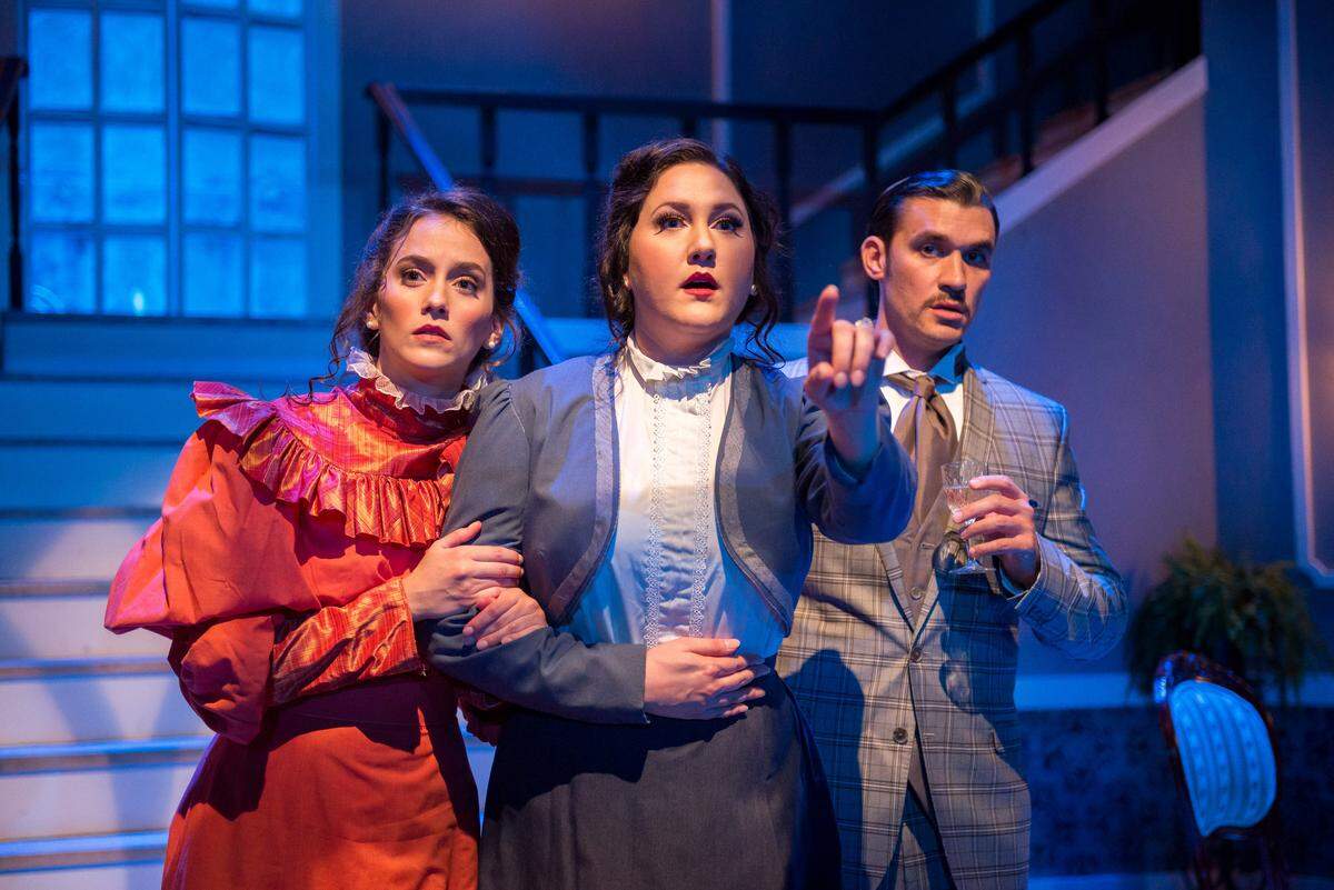 Isabella Lopez, Lindsey Corey and Daniel Capote feel a sense of menace in the Zoetic Stage world premiere of Michael McKeever’s “Dracula.”
