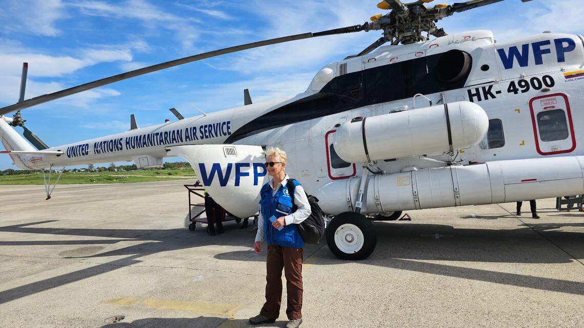 In this file photo, World Food Program Executive Director Cindy McCain is preparing to take a helicopter from Port-au-Prince to the city of Jeremie during a June 2023 visit to Haiti.