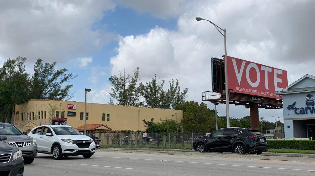 “VOTE” sign on Bird Road by the Palmetto Expressway in Coral Gables.  Vote.org installed 115 billboards and bus ads in Miami and Fort Lauderdale.